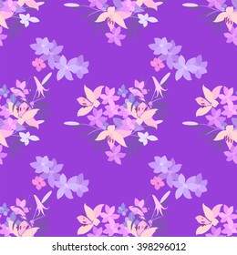 Vector greeting card with pink lily and violet arabis flower arrangement for your celebration