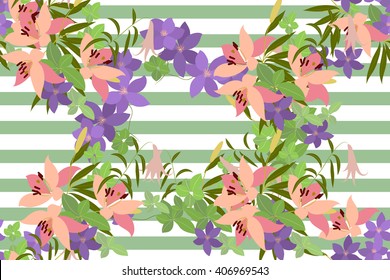 Vector greeting card with pink lily and violet arabis flower arrangement for your celebration