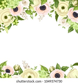 Vector greeting card with pink and white roses, anemones, ranunculus, hydrangea and lily-of-the-valley flowers and green leaves.