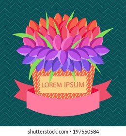 Vector greeting card with place for text with basket of flowers and ribbon