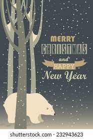 Vector greeting card, polar bear in the forest
