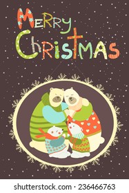 Vector greeting card, polar bear family celebrating Christmas