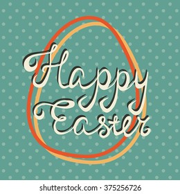 Vector greeting card with polka dots on green background, lettering Happy Easter drawn by hand and outline of two eggs. Handdrawn calligraphy lettering. Retro or vintage style.