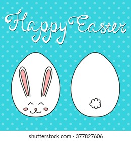 Vector greeting card with polka dots on blue background, white lettering Happy Easter drawn by hand, cute rabbit with expression of satisfaction, tail drawn on eggs. Handdrawn calligraphy lettering.