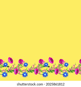 Vector - greeting card with poppy, camomile and forget-me-not flower, watercolor illustration.