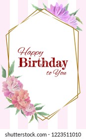 Vector greeting card. Postcard with peonies. Happy birthday card. All elements are isolated