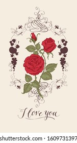 Vector greeting card or postcard with red roses. Romantic Valentine card in vintage style with handwritten inscription I love you