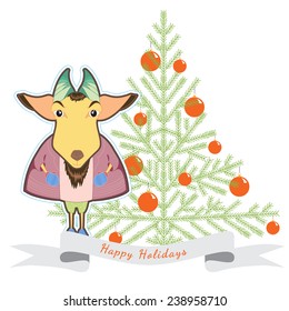 Vector Greeting Card or Poster. Banner New Year. Cute cartoon Goat. Isolated on white background. Design elements for New Year decorating. Eps 8