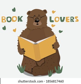 Vector greeting card, poster.  Bear book lover with glasses reading a book.  Cartoon character for children.