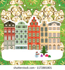Vector. Greeting card, poster design. Winter in the city, christmas decor fir-trees. Cityscape. Winter nature landscape. New year holidays. Winter houses, road, tree. Cute town Christmas eve. Vector.