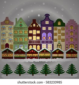 Vector. Greeting card, poster design. Winter nature landscape. New year holidays. Cityscape. Cute town Christmas eve. Winter in the city, christmas decor fir-trees. Winter houses, road, tree.