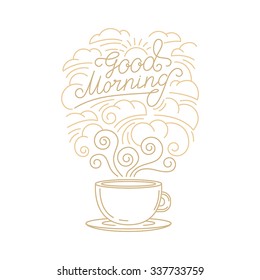 Vector greeting card, poster or placard design template in trendy linear style with hand-lettering phrase - good morning