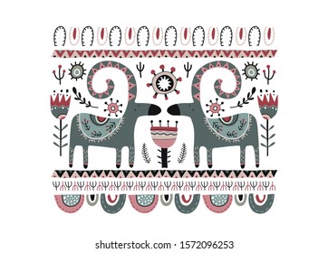 Vector greeting card, poster in scandinavian style. Beautiful northern ornament with goats, flowers, plants.