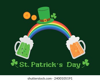 Tarjeta de saludo vectorial o plantilla de afiches para el Día de San Patricio con una imagen de un sombrero arcoiris y leprechaun, con gafas de cerveza y monedas de oro, shamrock. Ilustración vectorial con una felicitación