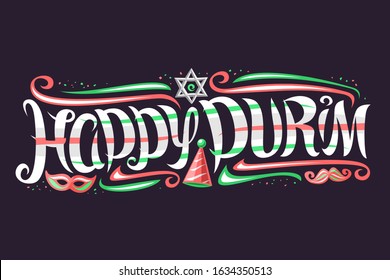 Vector greeting card for Purim Carnival, decorative invitation with curly calligraphic font, design flourishes, clown hat and star of David, swirly brush type for words happy purim on dark background.