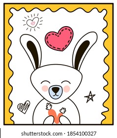 Vector greeting card with rabbit and carrot in Doodle style. Vector illustration on a white background, rabbit in a frame, hearts, decorative elements. For Valentine's day, greeting cards, fabrics