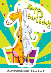 Vector greeting card with rabbit and giraffe
