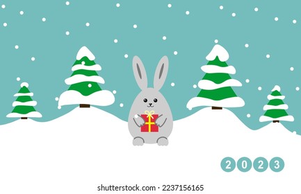 Vector greeting card with a rabbit and the inscription 2023. New Year's card. Gray rabbit with a gift, Christmas trees in the snow and the inscription 2023.