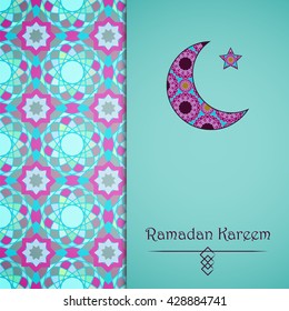 Vector greeting card to Ramadan. Background with text and muslim symbols