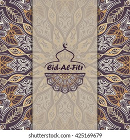 Vector greeting card to Ramadan and Feast of Breaking the Fast. Background with text  Eid Al Fitr and muslim symbols