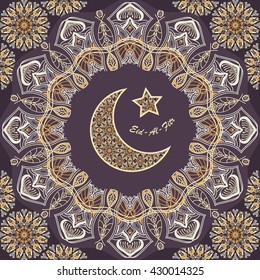 Vector greeting card to Ramadan and Feast of Breaking the Fast. Background with text Eid Al Fitr and muslim symbols
