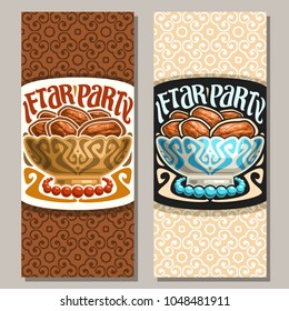Vector greeting card for Ramadan Iftar Party, vertical banner with pile of islamic fasting food - dry dates in old bowl and prayer beads or muslim rosary, original brush typeface for words iftar party