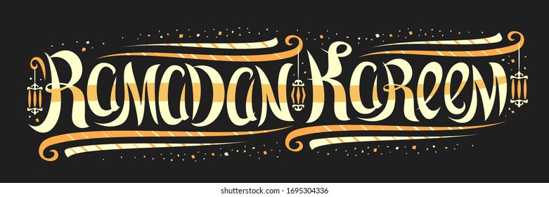 Vector greeting card for Ramadan Kareem, decorative flyer with curly calligraphic font, art design flourishes, hanging lamps and confetti, swirly typeface for words ramadan kareem on black background.