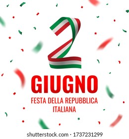 Vector greeting card with realistic number two folded from the paper in colors of the Italian flag, falling confetti, and text isolated on white background. Translation:"June 2. Italian Republic Day".