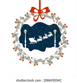  Vector greeting card with red bow, Santa Claus and Christmas tree in Figured Frame 