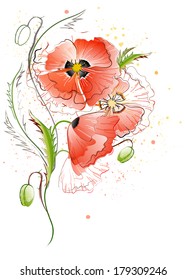 Vector greeting card with red gentle poppy flowers on the white background
