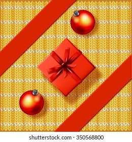 Vector Greeting Card with red gift box on yellow knitted background with red ribbons and Christmas balls