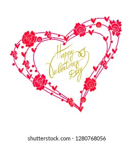 Vector greeting card red heart of flowers isolated on white background, with the inscription Happy Valentine's Day. Vector graphics.
