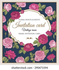 Vector greeting card with red and pink roses in vintage style. Floral invitation 