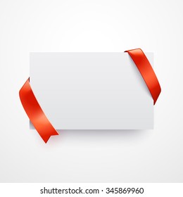Vector greeting card with red ribbon. Empty template. Clear mock-up.