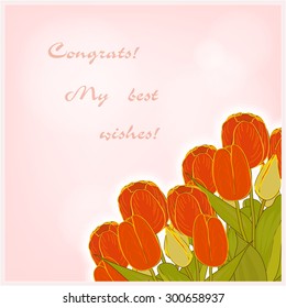 Vector greeting card with red tulips. Eps 10.