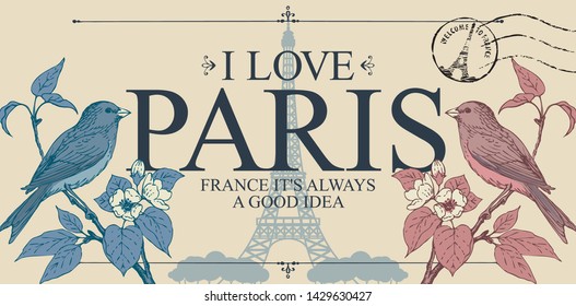 Vector greeting card or retro postcard with blue and red little birds on branches of flowering tree and silhouette of Eiffel tower. Romantic card in vintage style with words I love Paris and postmark