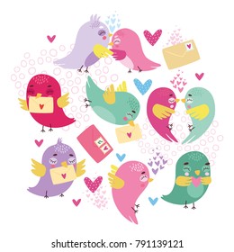 vector greeting card with romantic birds and letters. use for Valentine's Day, background, wallpaper, fabric, packaging. postal romance