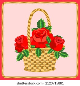 Vector - greeting card, rose flowers in a basket, illustration.