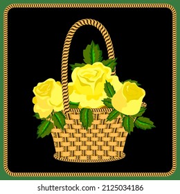 Vector - tarjeta de saludo, flores de rosa en una canasta, ilustración.