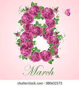 Vector greeting card with roses. 8 March - Women's day.