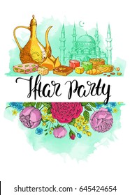 Vector greeting card with roses and handwritten calligraphic inscription  Iftar party. Ramadan Kareem. Hand drawn vintage flowers. Turquoise watercolor background. Arabic sweets and mosque. Halal food