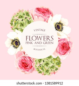 Vector greeting card with roses and hydrangea