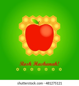 Vector greeting card for Rosh Hashanah (Jewish New Year). Apple, honeycomb and star of David on green background.