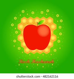 Vector greeting card for Rosh Hashanah (Jewish New Year). Apple, honeycomb and star of David on greeb background.