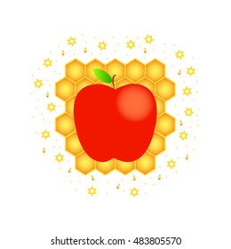 Vector greeting card for Rosh Hashanah (Jewish New Year). Apple, honeycomb and star of David on white background.