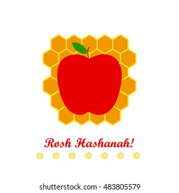 Vector greeting card for Rosh Hashanah (Jewish New Year). Apple, honeycomb and star of David on white background.