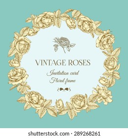 Vector greeting card with a round floral frame of roses in vintage style