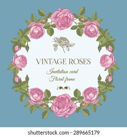 Vector greeting card with a round floral frame of pink roses in vintage style