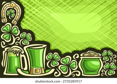 Vector greeting card for Saint Patrick's Day, poster with copy space for congratulation wishes, mug with foamy beer, leprechaun hat, pot with golden coins