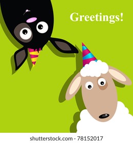 Vector greeting card with sheep and dog